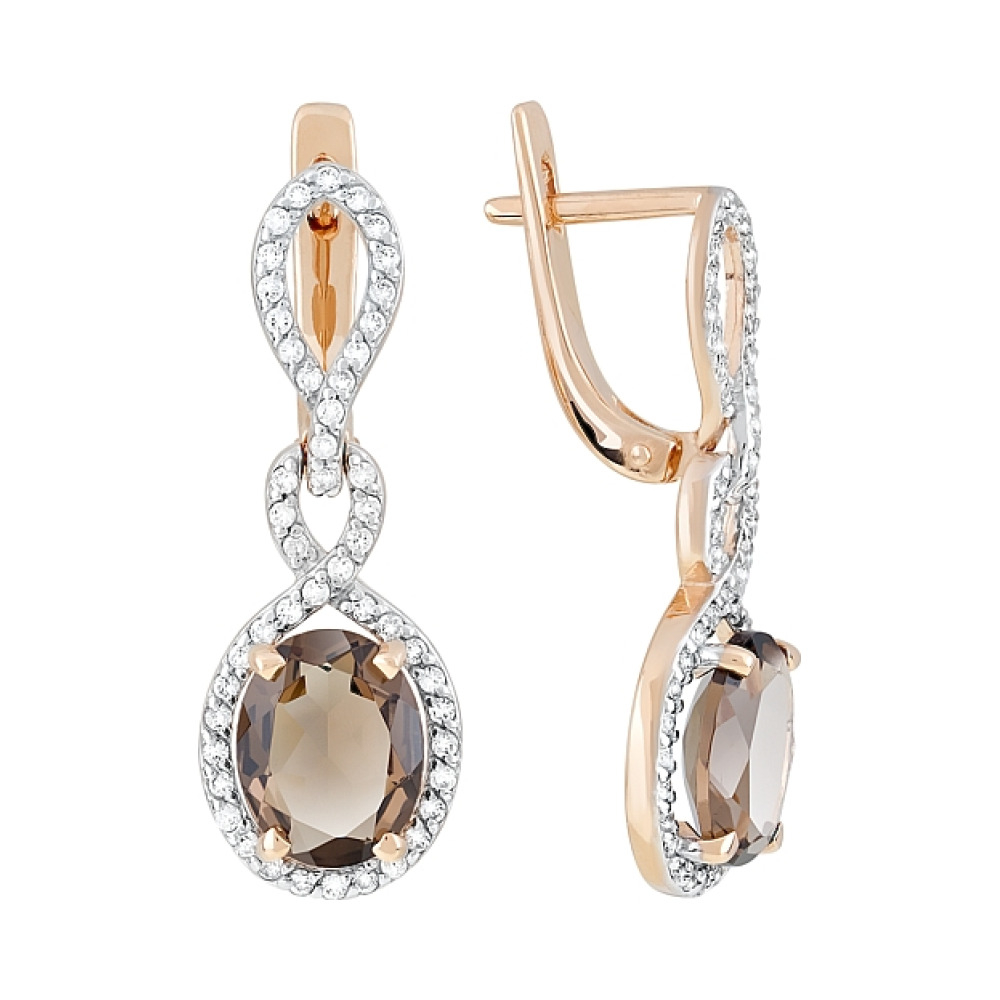 Золотые серьги с раухтопазом и фианитом № 119364