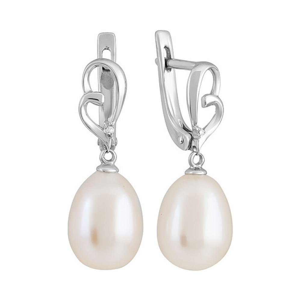 Серебряные серьги с жемчугом и фианитом № 131568