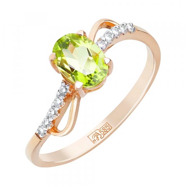 Золотое кольцо с хризолитом и фианитом № 80026