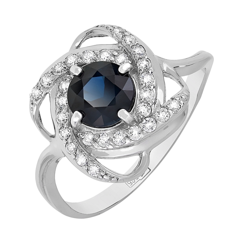 Золотое кольцо с чер. сапфиром и фианитом № 83894