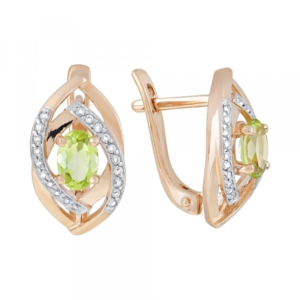 Золотые серьги с хризолитом и фианитом № 120016