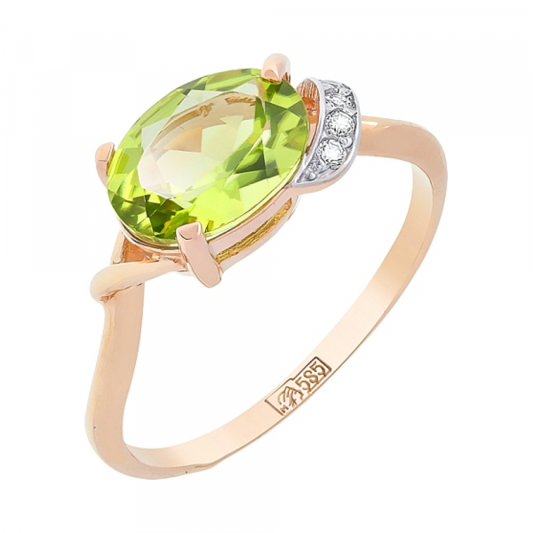 Золотое кольцо с хризолитом и фианитом № 85054