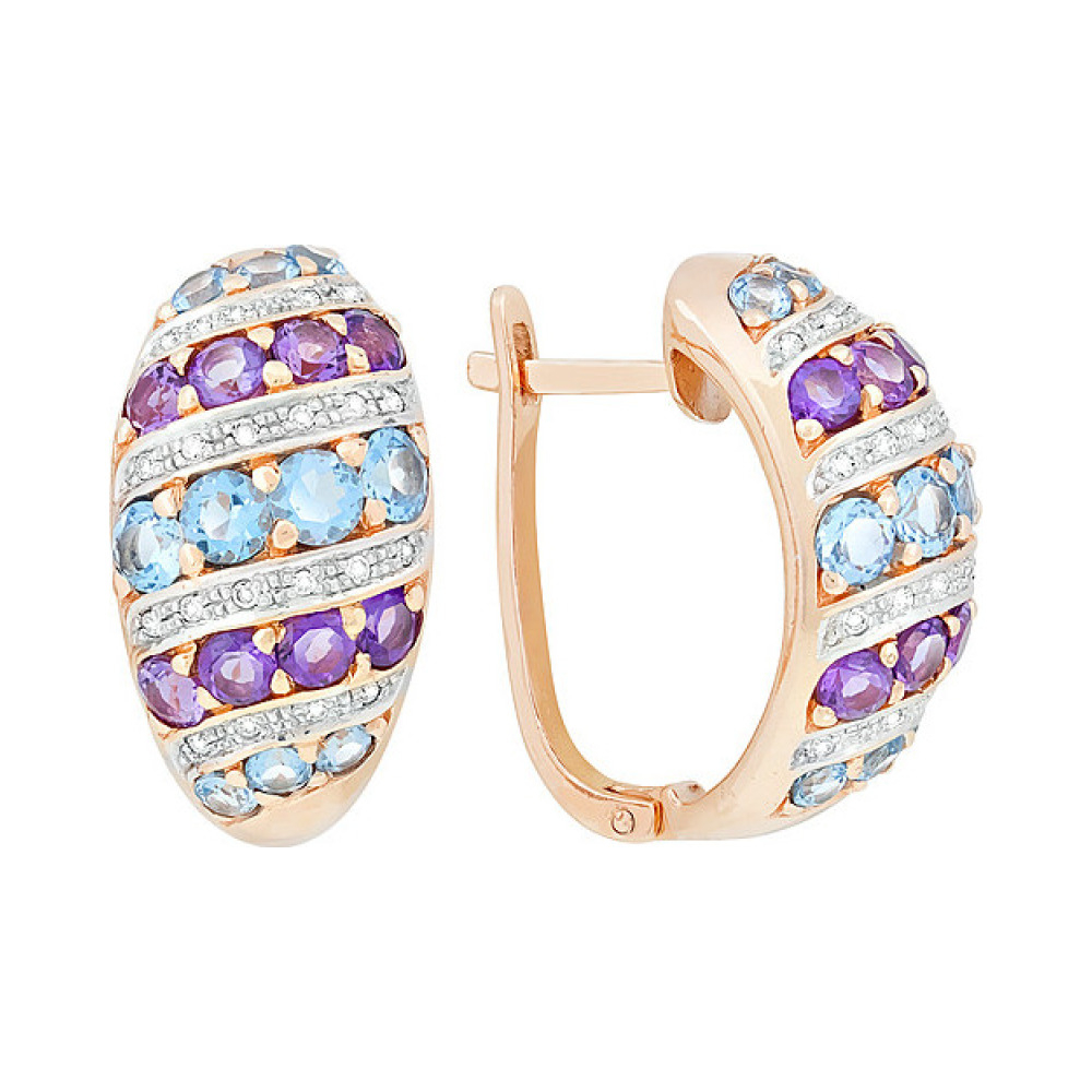 Золотые серьги с бриллиантом, топазом и аметистом № 8827