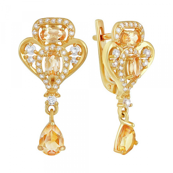 Серебряные серьги с цитрином,  фианитом и золотым покрытием № 133946