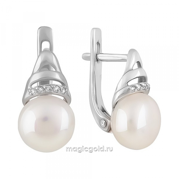 Серебряные серьги с жемчугом и фианитом № 151358