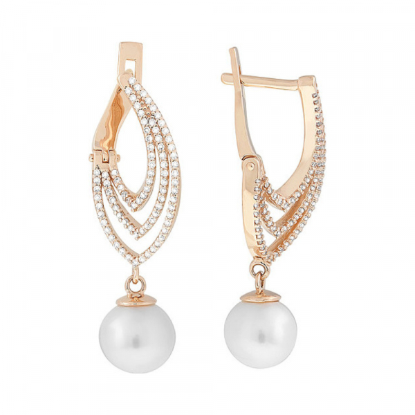 Золотые серьги с жемчугом и фианитом № 113000