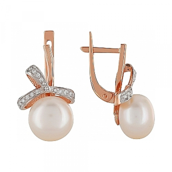 Золотые серьги с бриллиантом и жемчугом № 103430