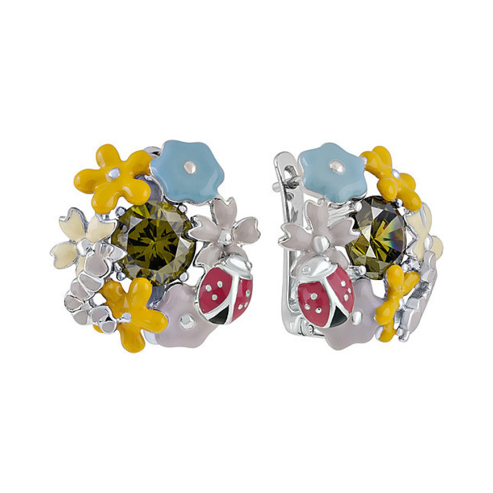 Серебряные серьги с фианитом и эмалью № 106148
