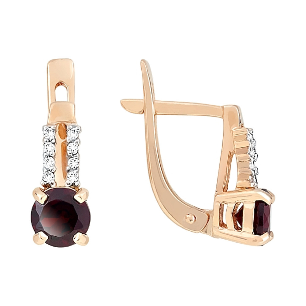 Золотые серьги с гранатом и фианитом № 113334