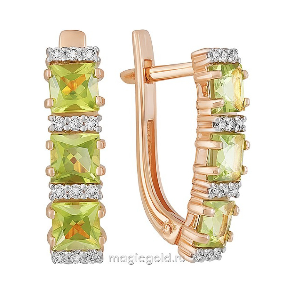 Золотые серьги с хризолитом и фианитом № 141881