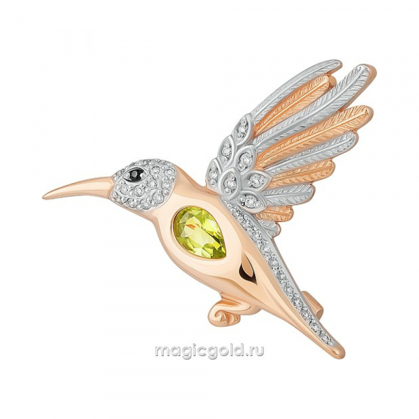 Золотая брошь с хризолитом и фианитом № 164309