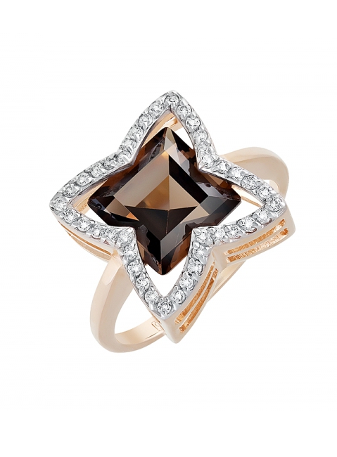 Золотое кольцо с раухтопазом и фианитом № 128465