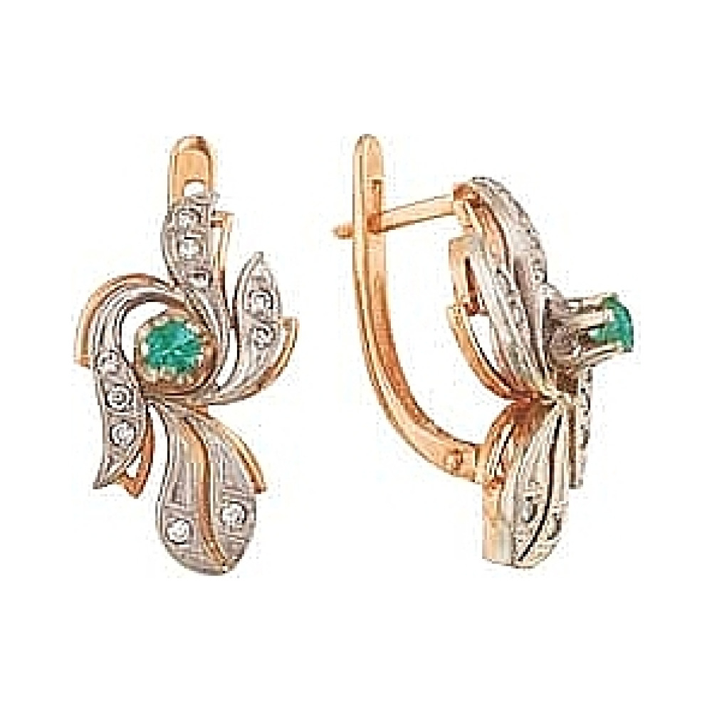 Золотые серьги с бриллиантом и изумрудом № 4557