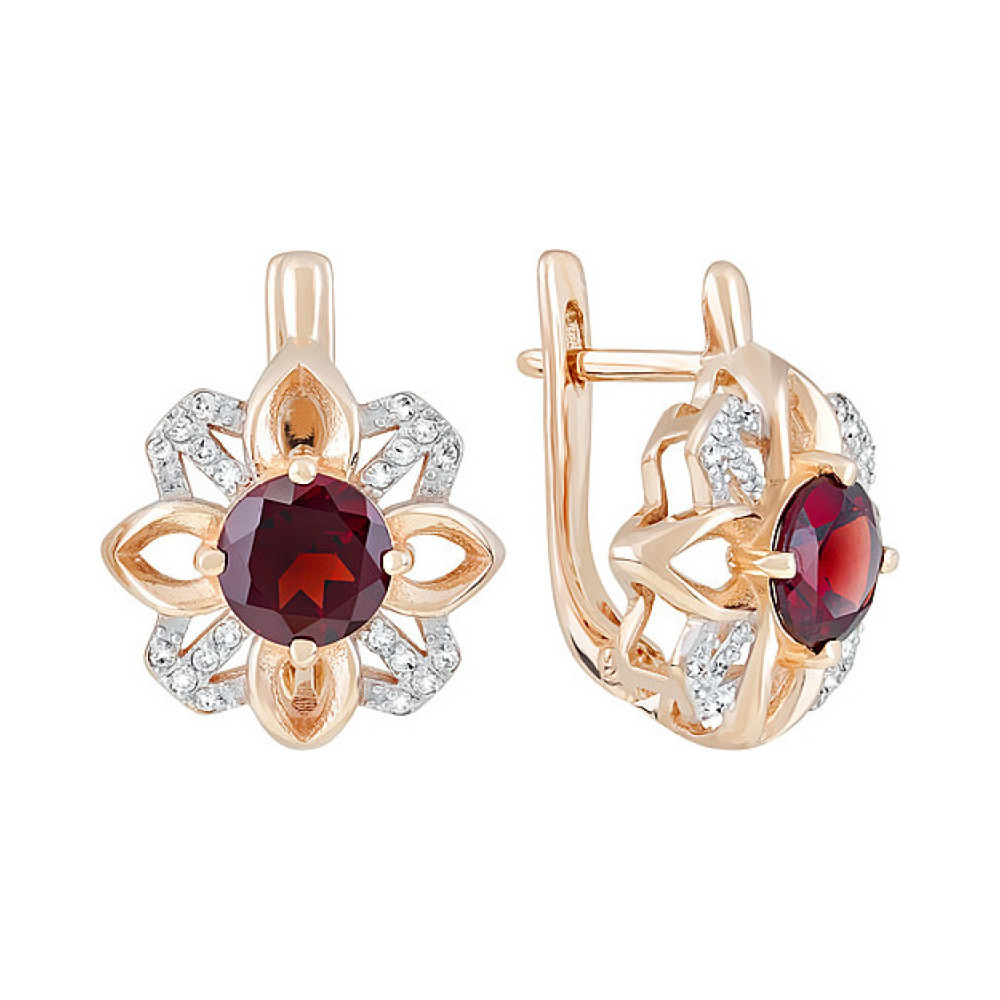 Золотые серьги с гранатом и фианитом № 119333