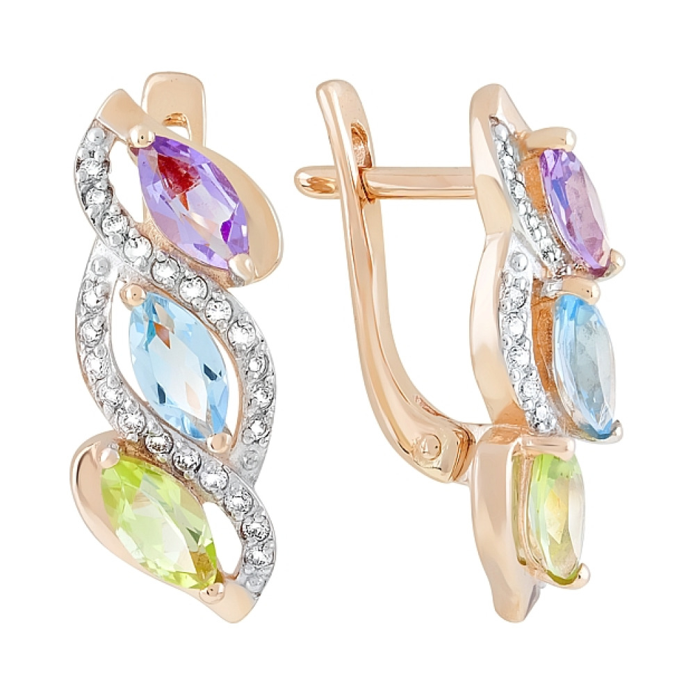 Золотые серьги с полудрагоценными  вставками и фианитом № 120430