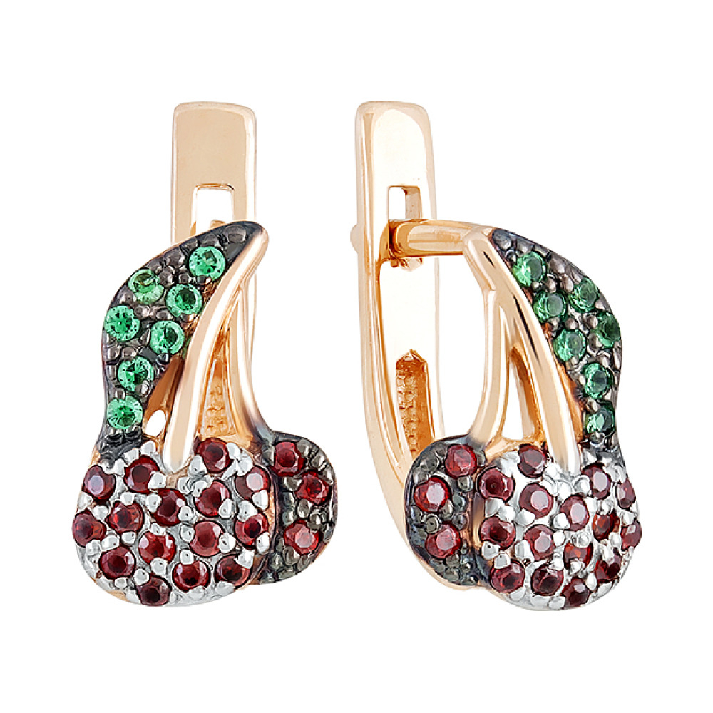 Золотые серьги с изумрудом иск.выр. и фианитом № 129807