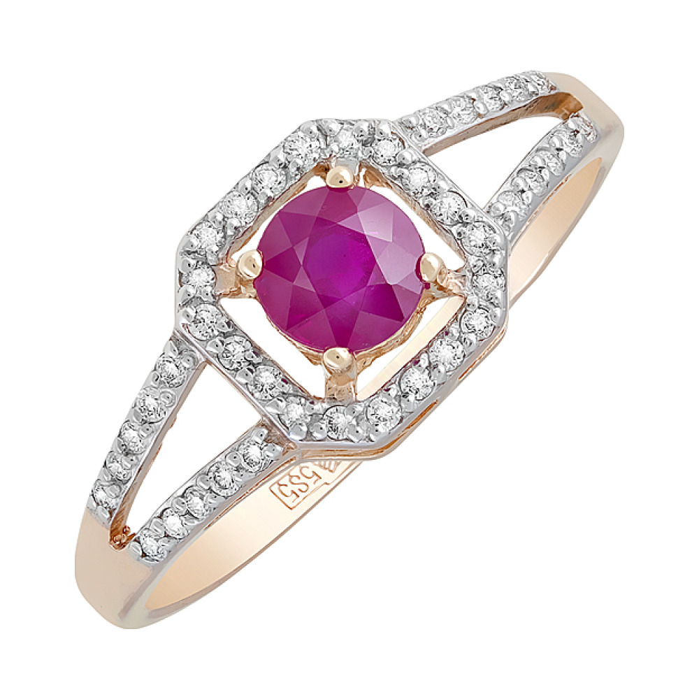 Золотое кольцо с бриллиантом и рубином № 120113