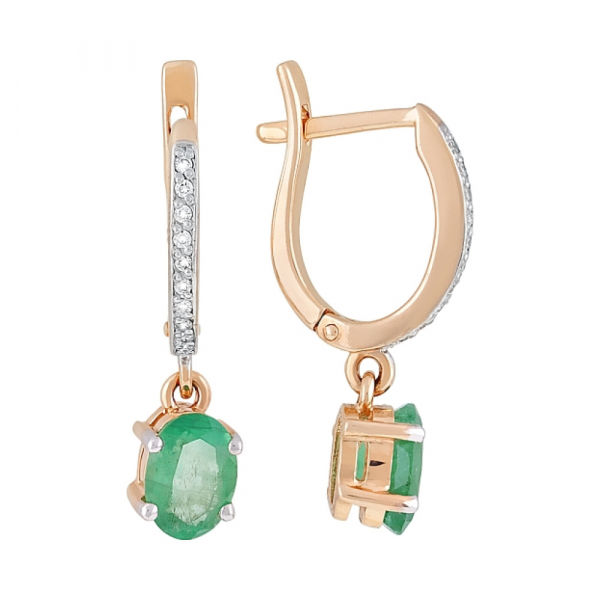 Золотые серьги с бриллиантом и изумрудом № 114014