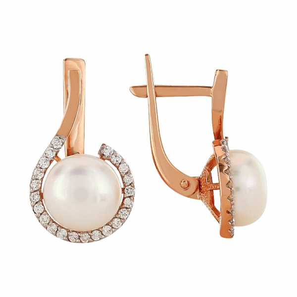 Золотые серьги с бриллиантом и жемчугом № 96852