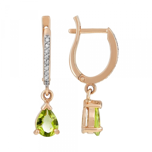 Золотые серьги с хризолитом и фианитом № 113142