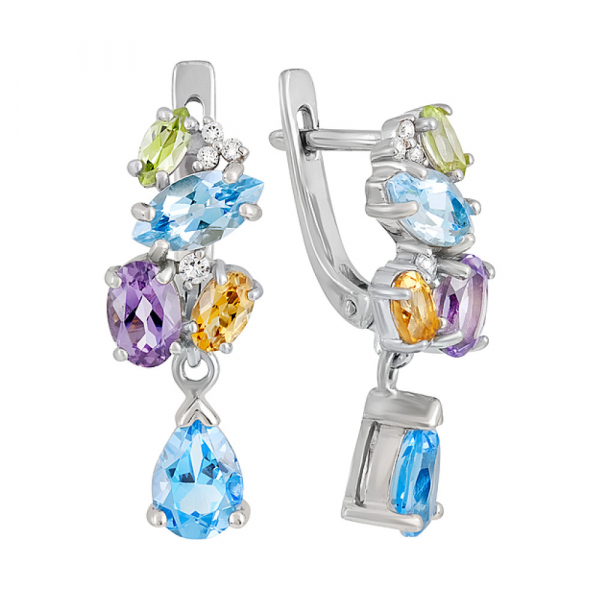 Серебряные серьги с полудрагоценными вставками и фианитом № 131483