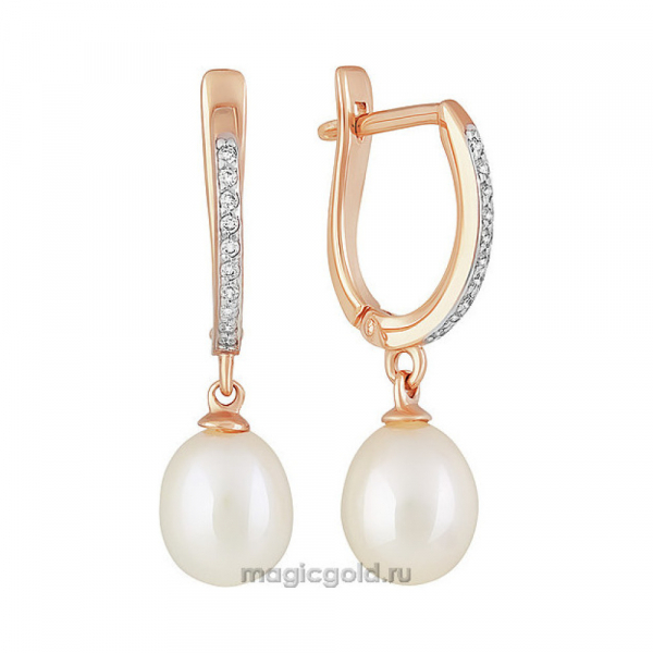 Золотые серьги с жемчугом и фианитом № 162388