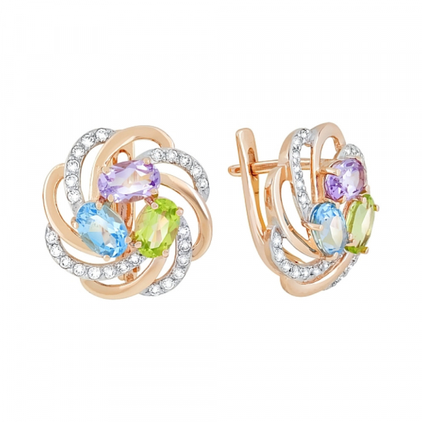 Золотые серьги с полудрагоценными  вставками и фианитом № 118032