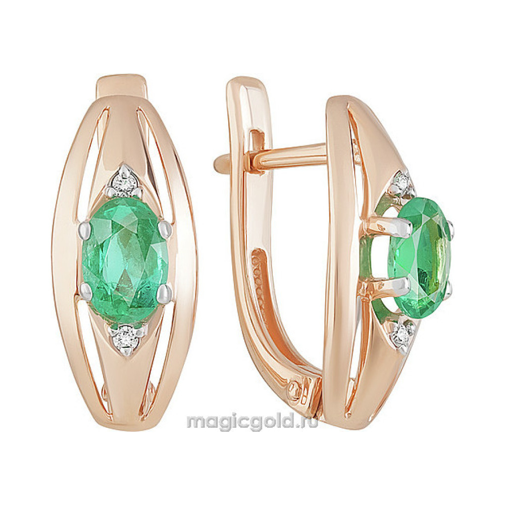Золотые серьги с бриллиантом и изумрудом № 161124