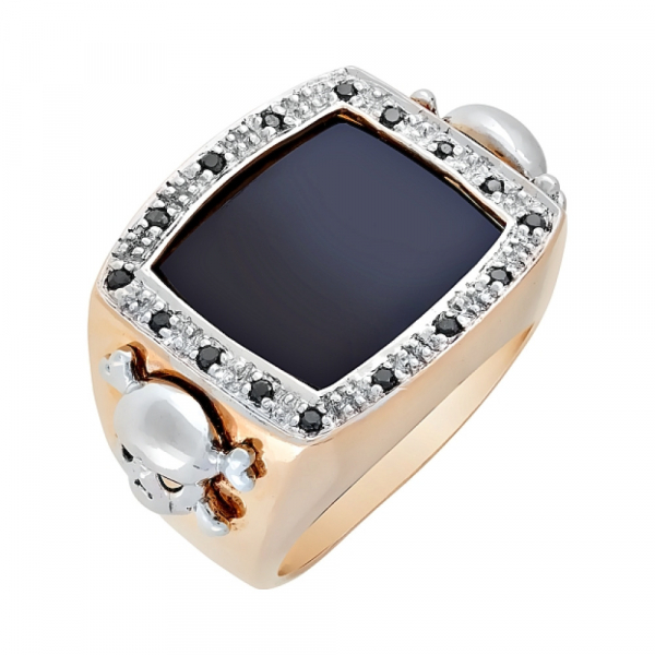 Золотое кольцо с чёрным бриллиантом и ониксом № 68980