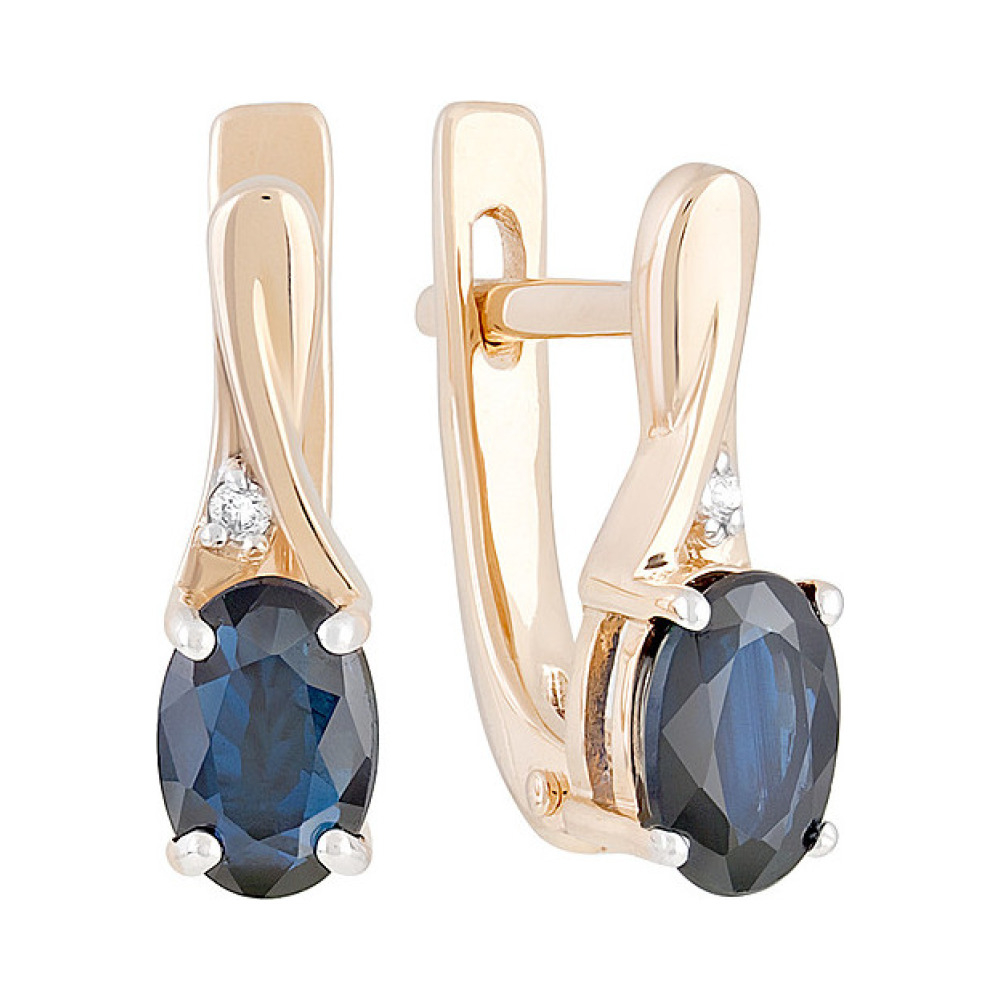 Золотые серьги с бриллиантом и сапфиром № 128832