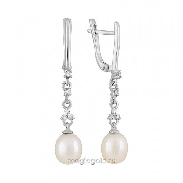 Серебряные серьги с культивированным жемчугом и фианитом № 162423