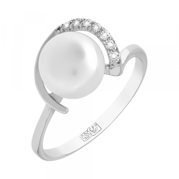 Золотое кольцо с бриллиантом и жемчугом № 96851