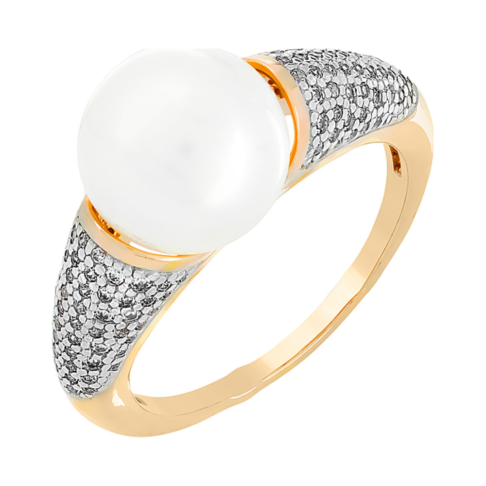 Золотое кольцо с жемчугом и фианитом № 109939