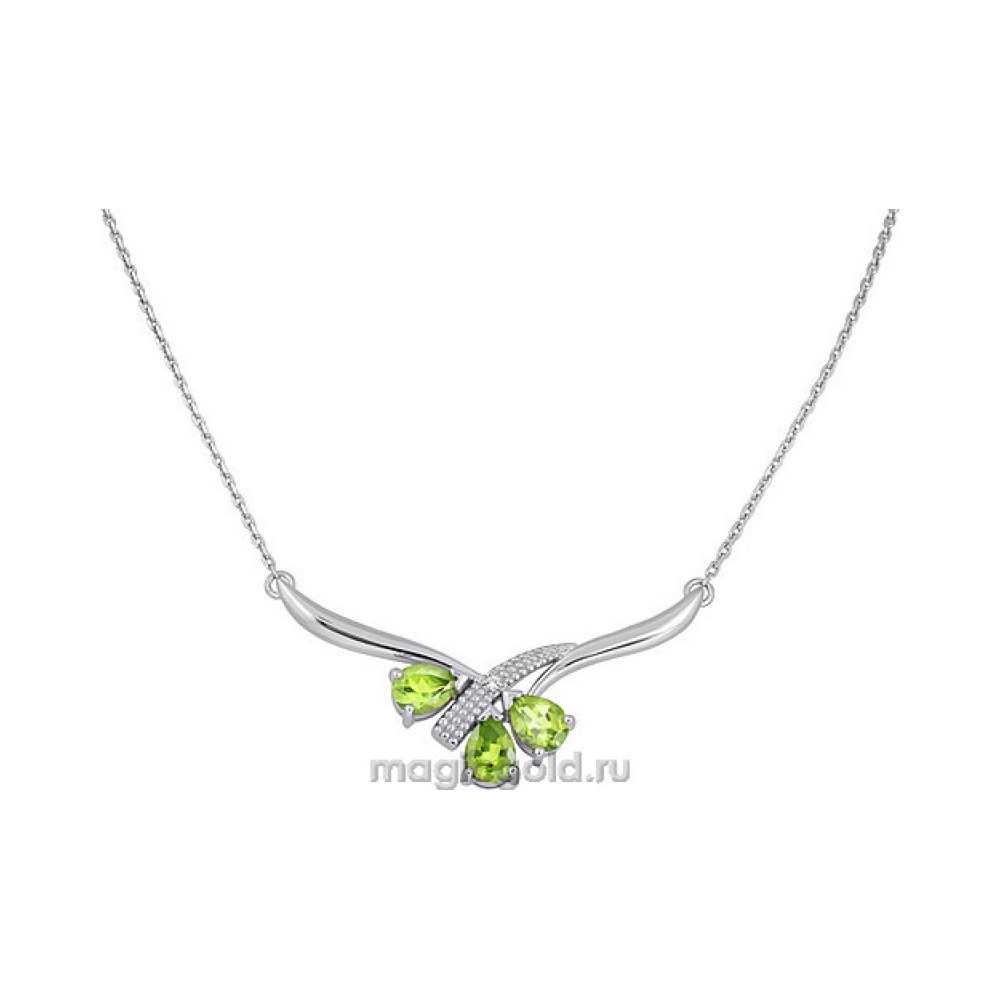 Серебряное колье с хризолитом и фианитом № 136517