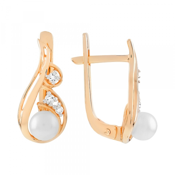 Золотые серьги с жемчугом и фианитом № 69697