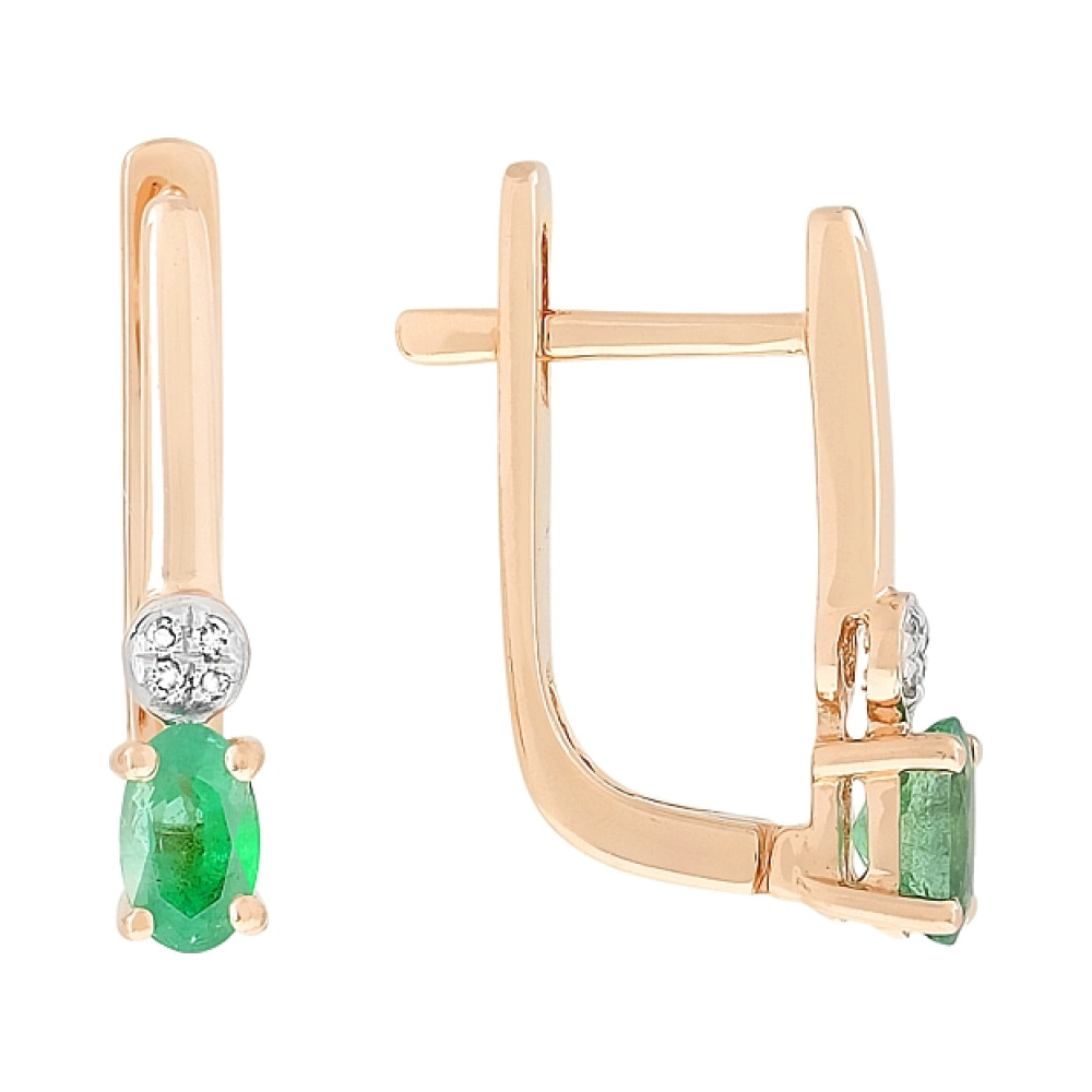 Золотые серьги с бриллиантом и изумрудом № 112845