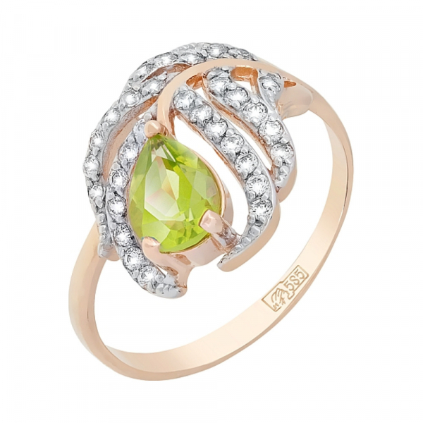 Золотое кольцо с хризолитом и фианитом № 117475