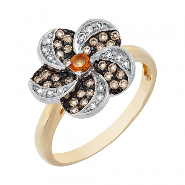 Золотое кольцо с бриллиантом коньяк и цитрином № 62773