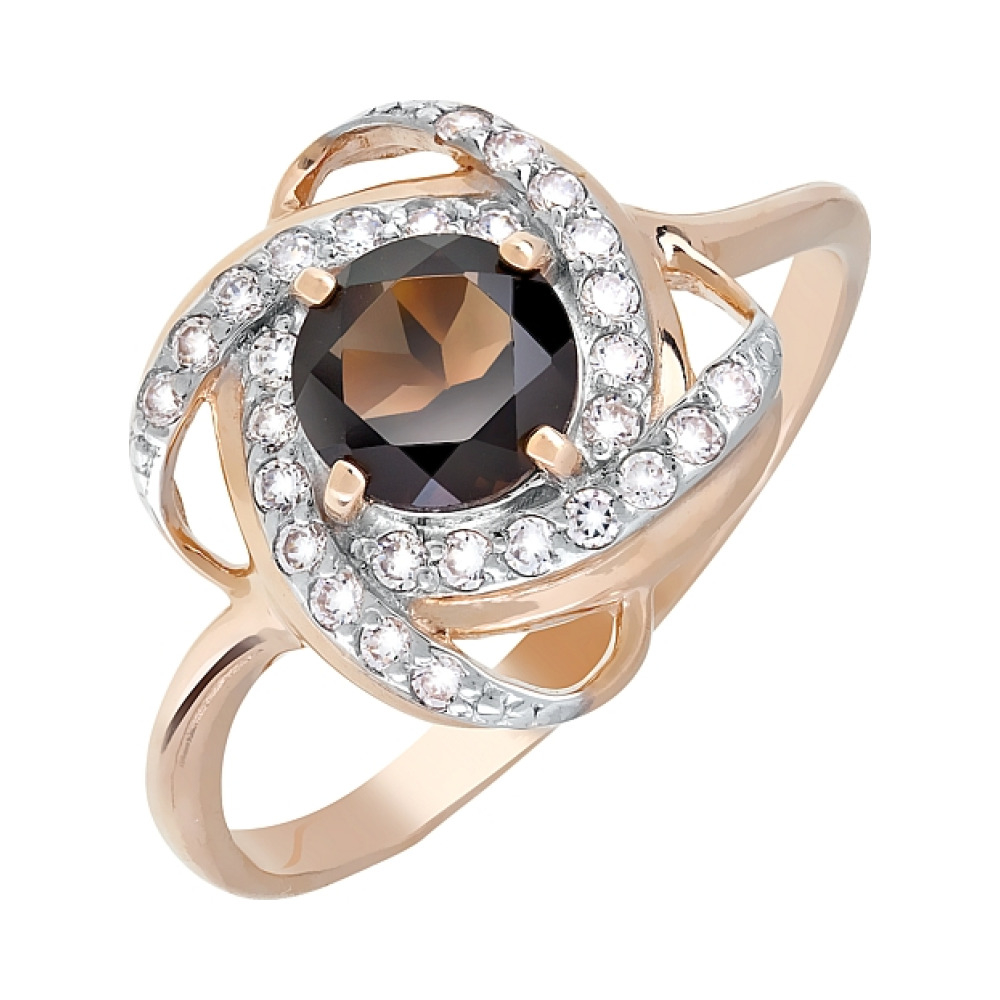 Золотое кольцо с раухтопазом и фианитом № 95751