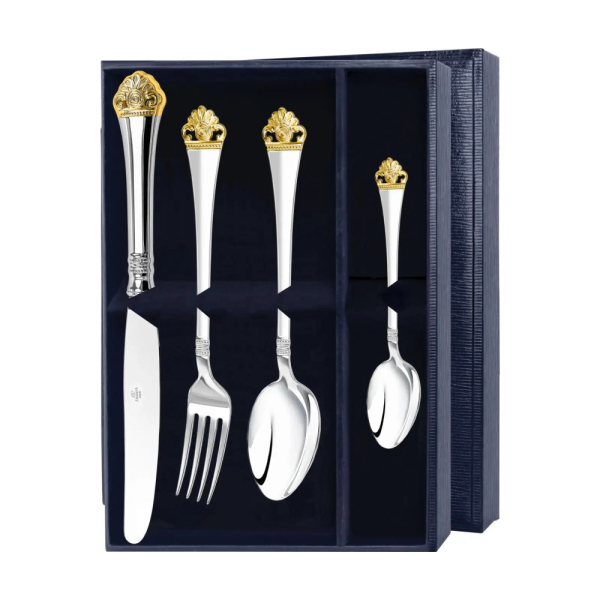 Набор столовый Афина Эгоист с позолотой : вилка, ложка, нож, чайная ложка из серебра 925 пробы