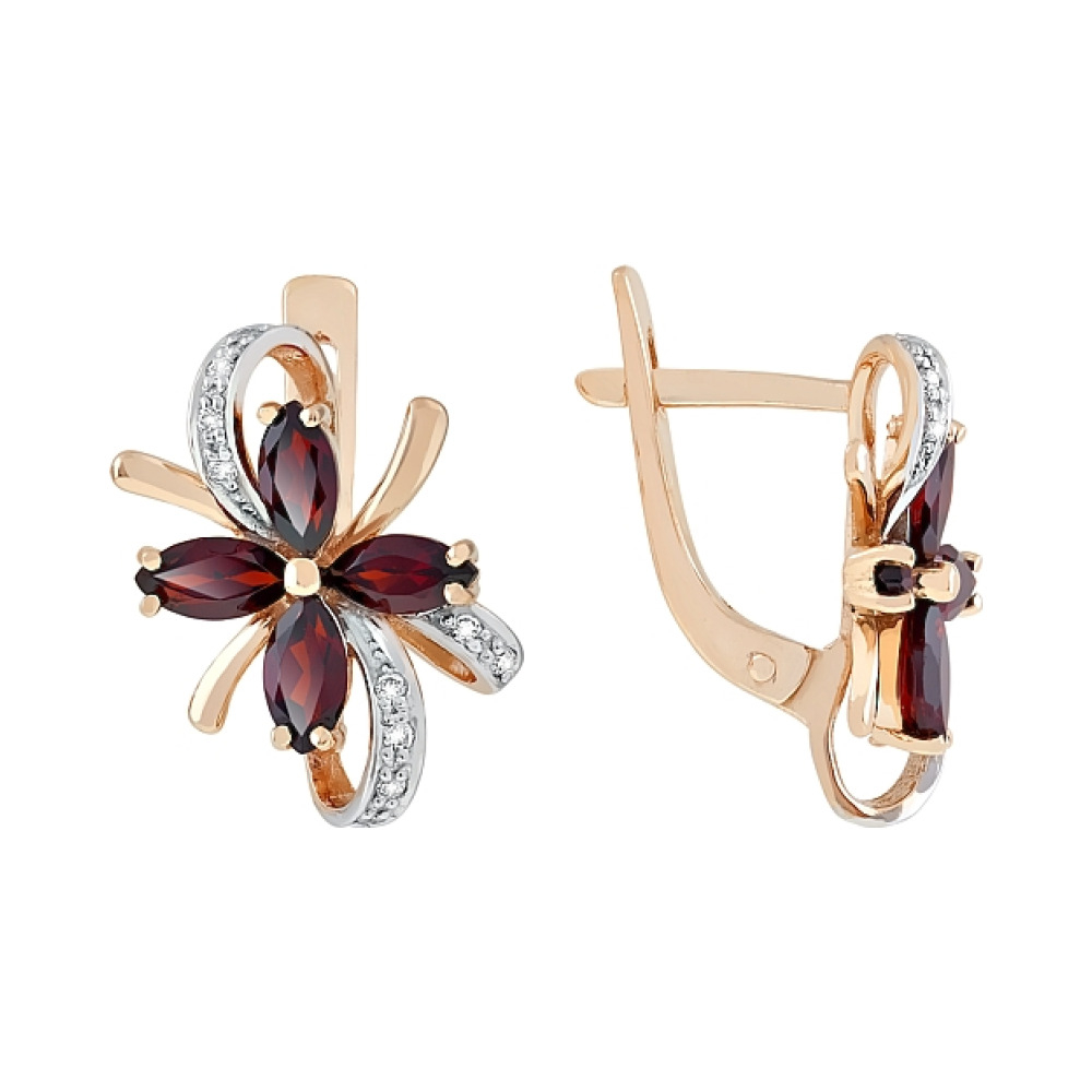 Золотые серьги с гранатом и фианитом № 96888