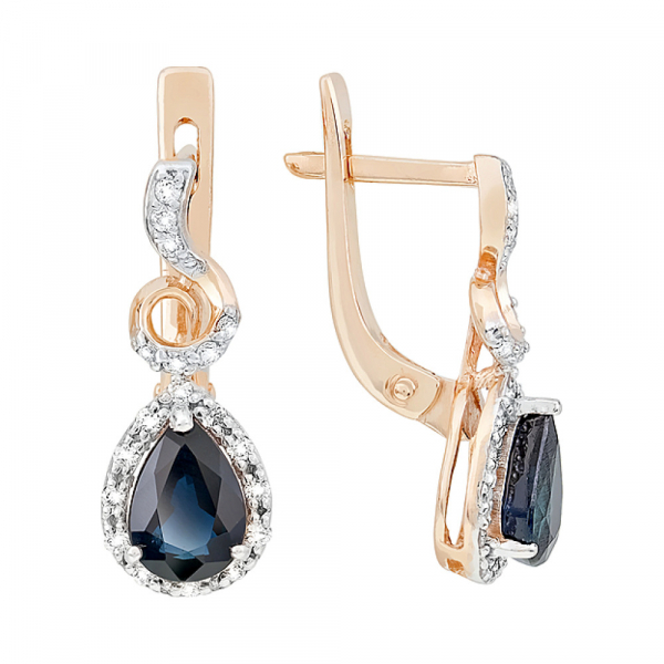 Золотые серьги с бриллиантом и сапфиром № 116974