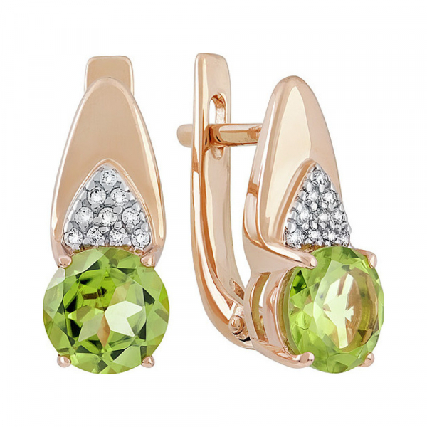 Золотые серьги с хризолитом и фианитом № 138134