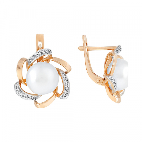 Золотые серьги с бриллиантом и жемчугом № 100032
