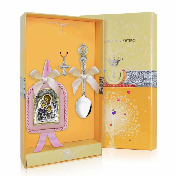 Набор Крестильный Святое семейство: икона, крестик, ложка с позолотой, розовая из серебра 925 пробы