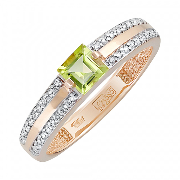 Золотое кольцо с хризолитом и фианитом № 128689