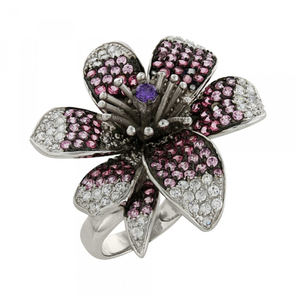 Серебряное кольцо с имитац. аметистом и фианитом № 82491