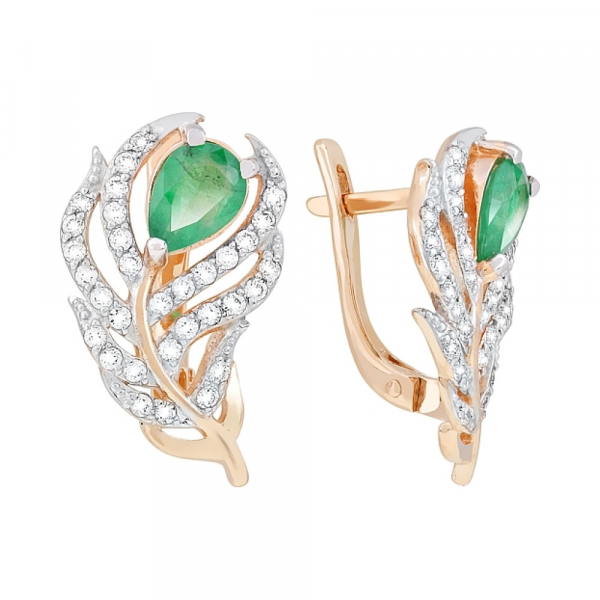 Золотые серьги с изумрудом и фианитом № 118301