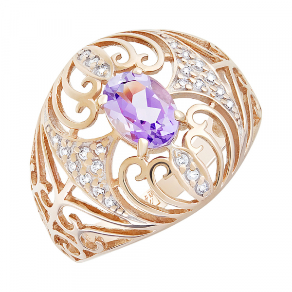 Золотое кольцо с аметистом и фианитом № 126378