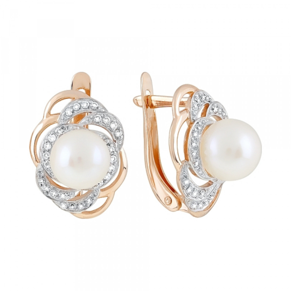 Золотые серьги с жемчугом и фианитом № 120725